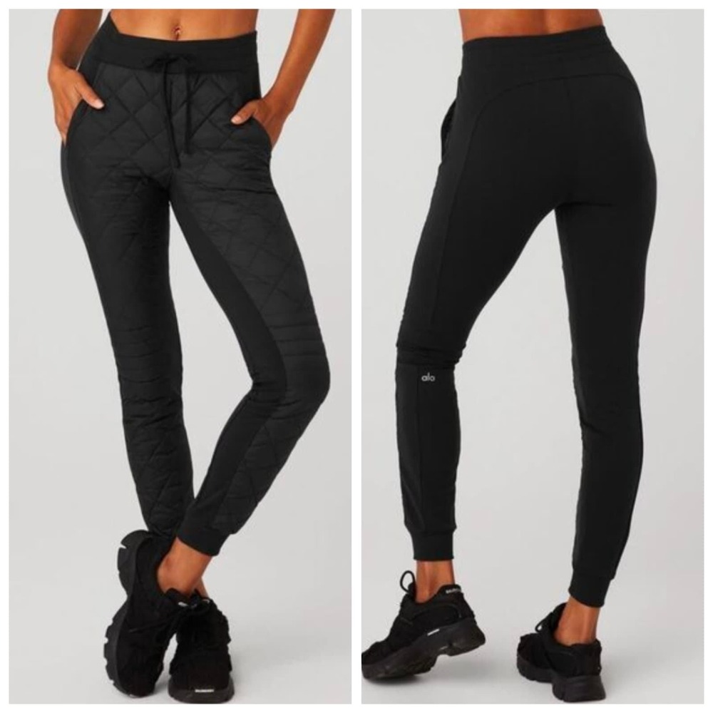 Alo Yoga Black Quilted Slim Tapered Joggers Womens Large Drawstring Puffer Pants - Picture 2 of 8